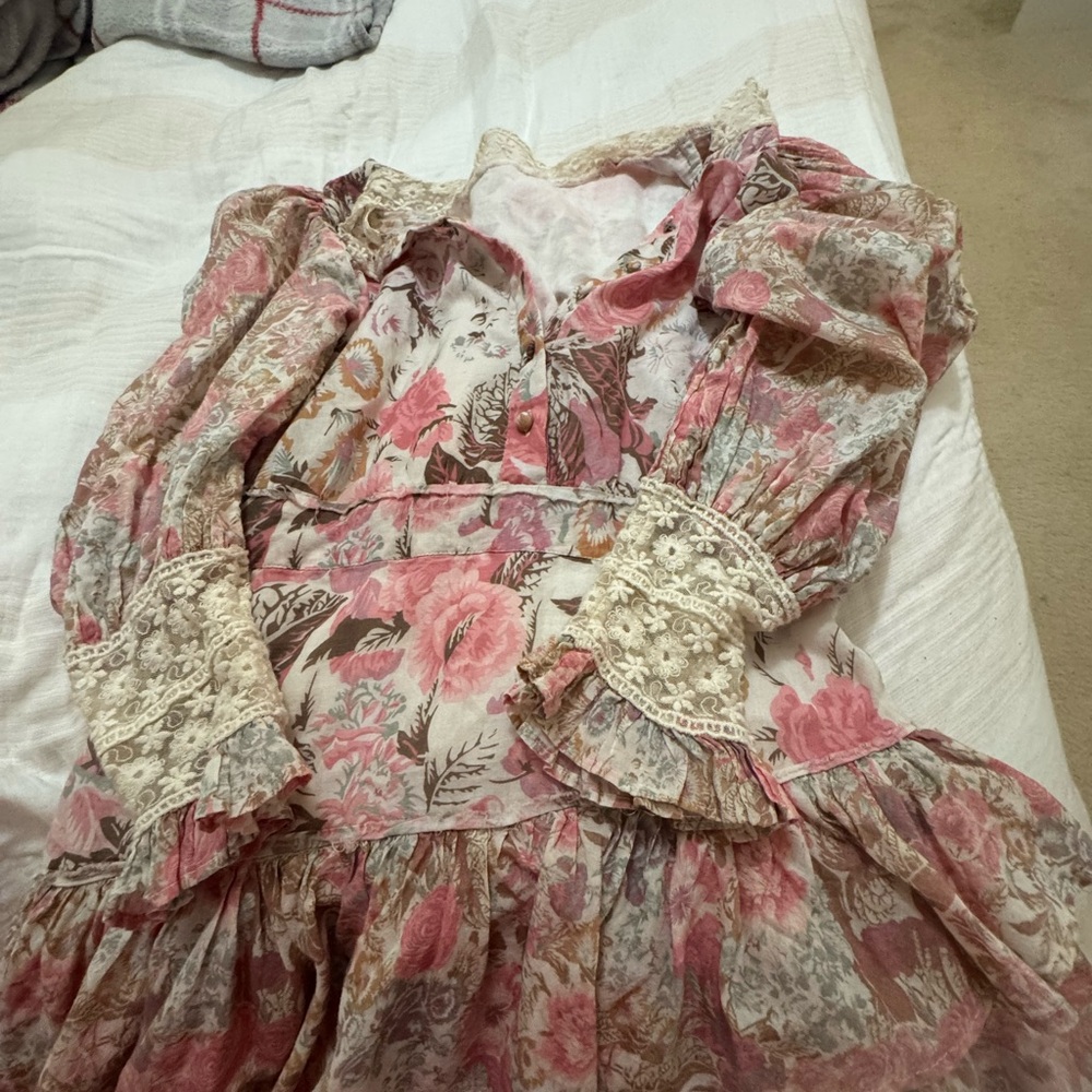 LoveShackFancy Pink and Cream Floral Dress